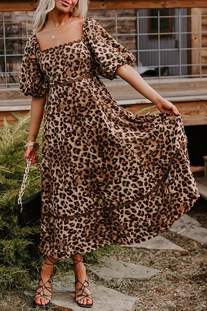 Hazel Blues® |  Leopard Square Neck Puff Sleeve Maxi Dress