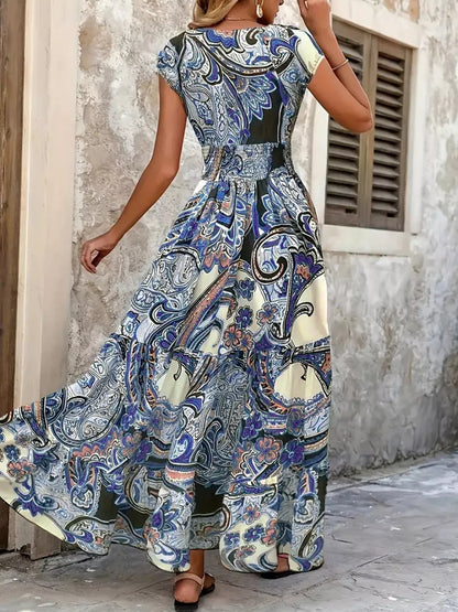 Hazel Blues® |  Printed V-Neck Cap Sleeve Maxi Dress