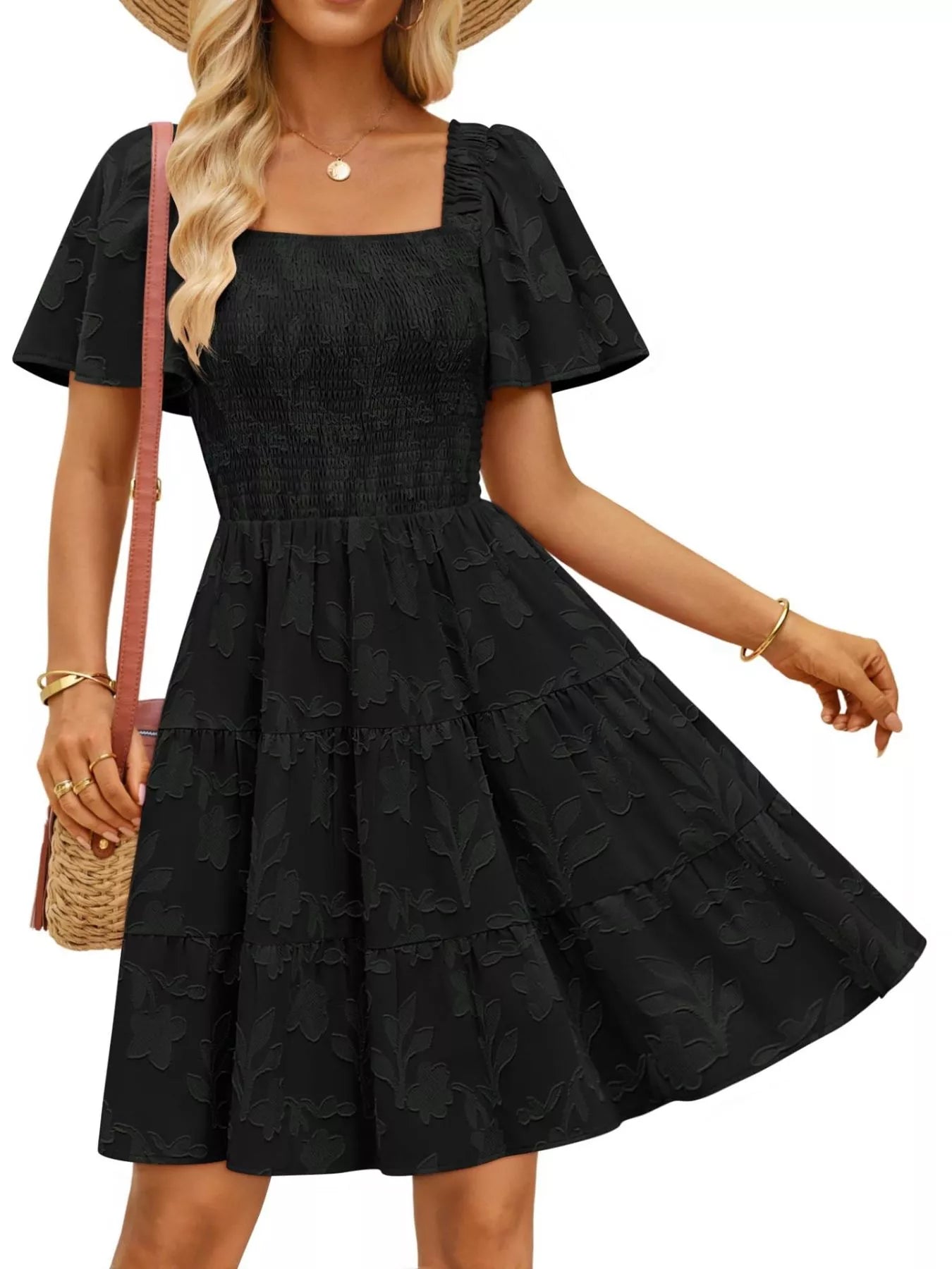 Hazel Blues® |  Smocked Square Neck Tiered Mini Dress