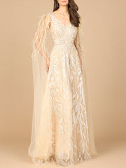 Lara Dresses 28965 Long Beaded Formal Cape Sleeve Dress