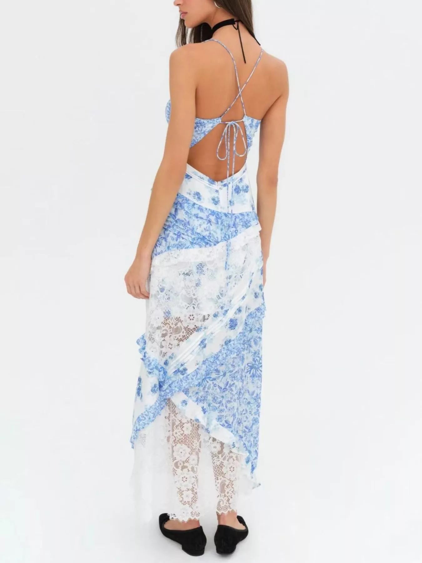 Hazel Blues® |  Lace Floral Print Ruffle Trim Maxi Dress
