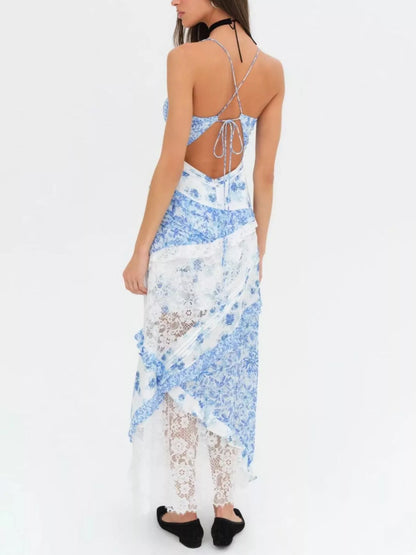 Hazel Blues® |  Lace Floral Print Ruffle Trim Maxi Dress