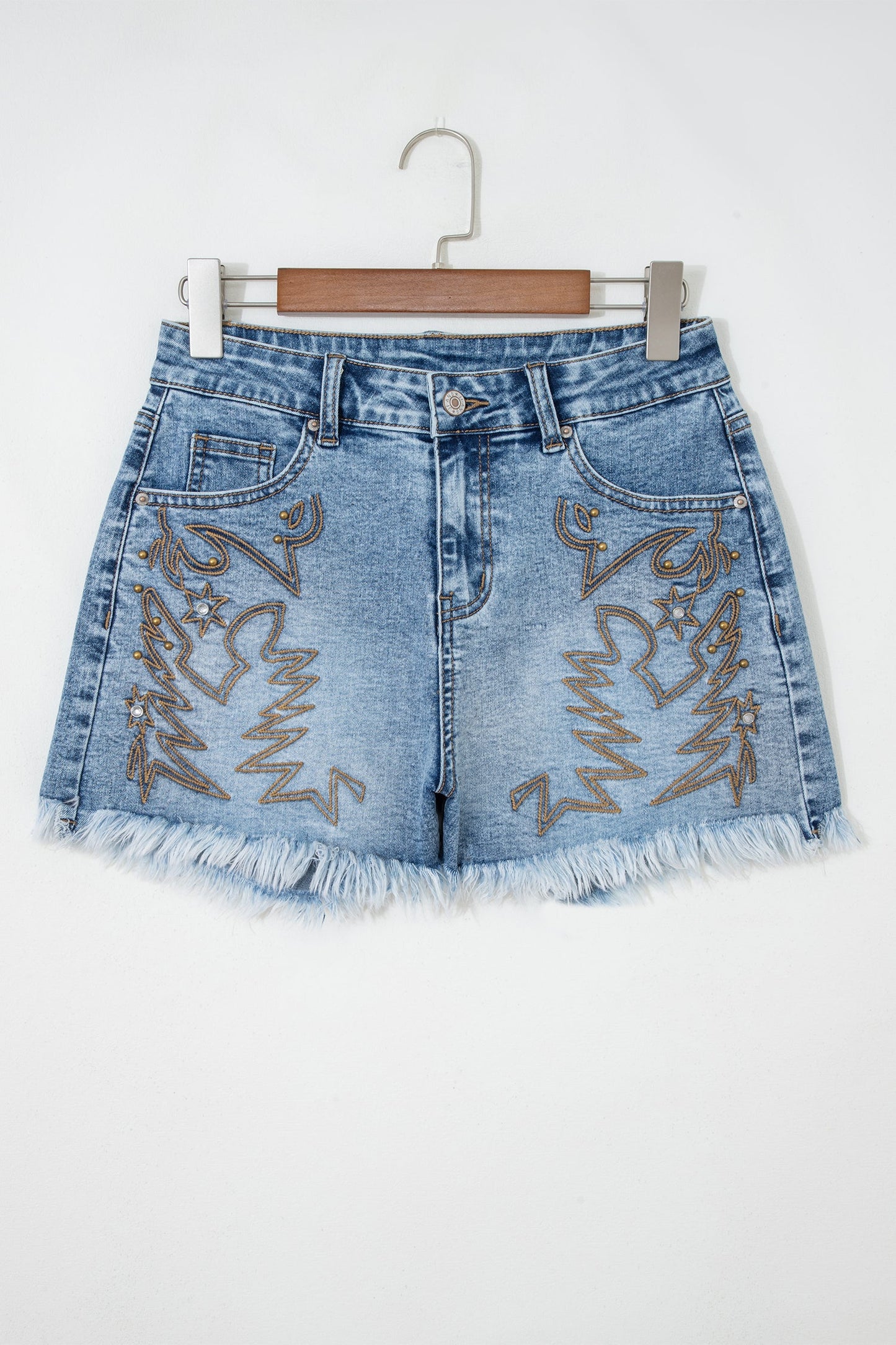 Hazel Blues® |  Dusk Blue Western Embroidery Stud Denim Shorts Summer Daily Wear