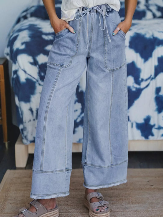 Hazel Blues® |  Wide Leg Drawstring Raw Hem Jeans