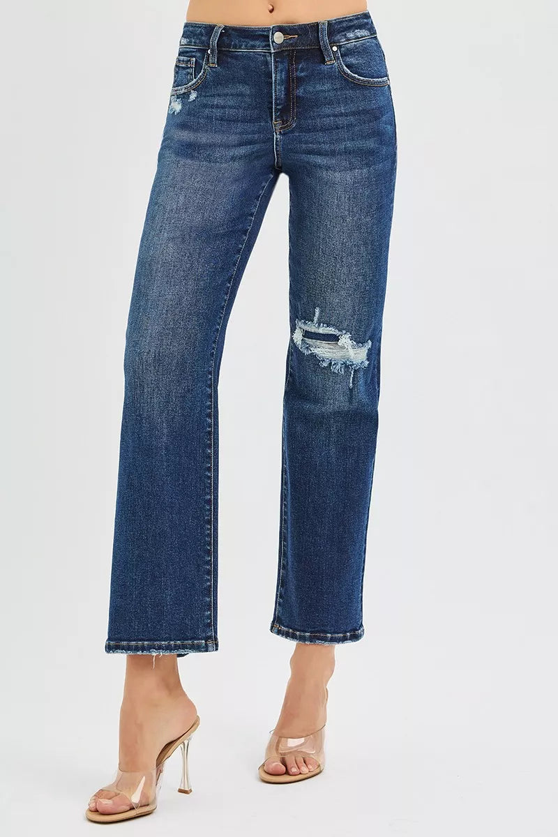 Hazel Blues® |  RISEN High Rise Crop Slim Straight Jenas with Hidden Knee Patch