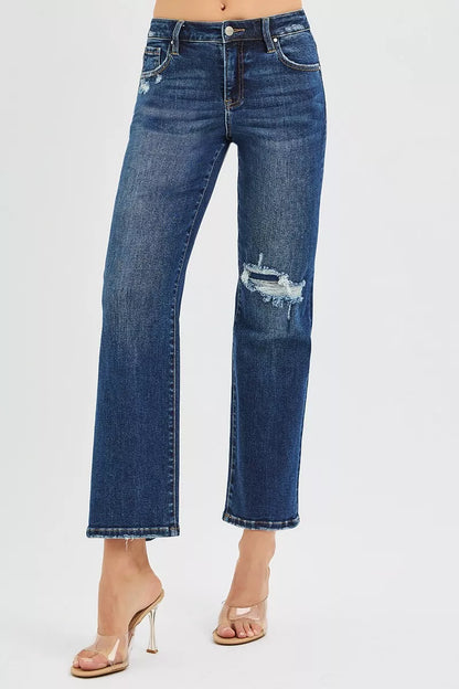 Hazel Blues® |  RISEN High Rise Crop Slim Straight Jenas with Hidden Knee Patch