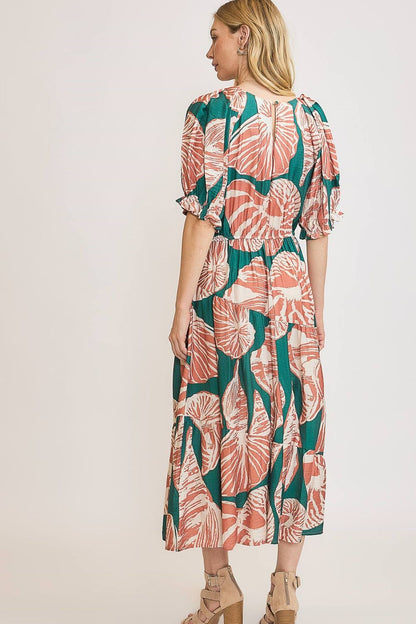 Hazel Blues® | Umgee Printed Notched Puff Sleeve Midi Dress