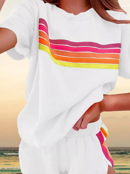 Hazel Blues® |  Rainbow Striped Round Neck Top and Shorts Set