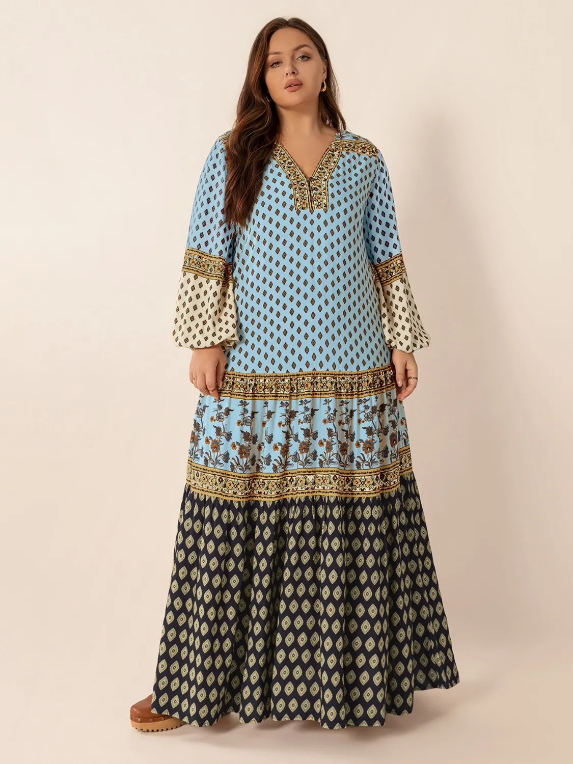 Hazel Blues® | Printed V-Neck Balloon Sleeve Maxi Dress