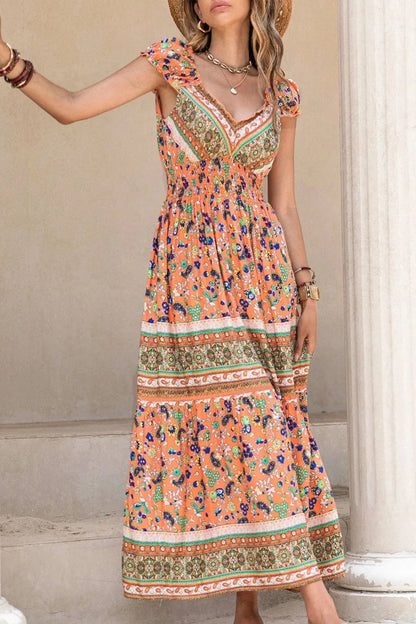 Hazel Blues® |  Smocked Printed V-Neck Cap Sleeve Dress
