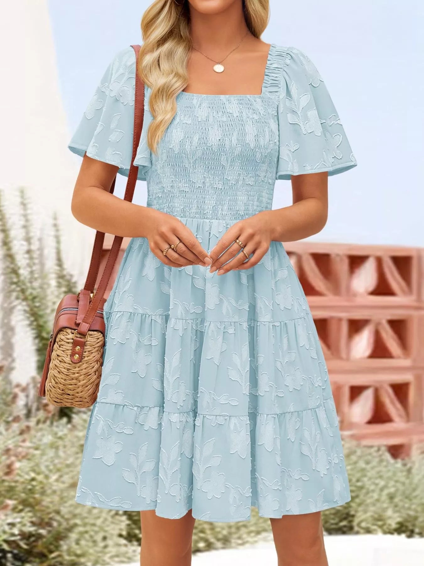 Hazel Blues® |  Smocked Square Neck Tiered Mini Dress