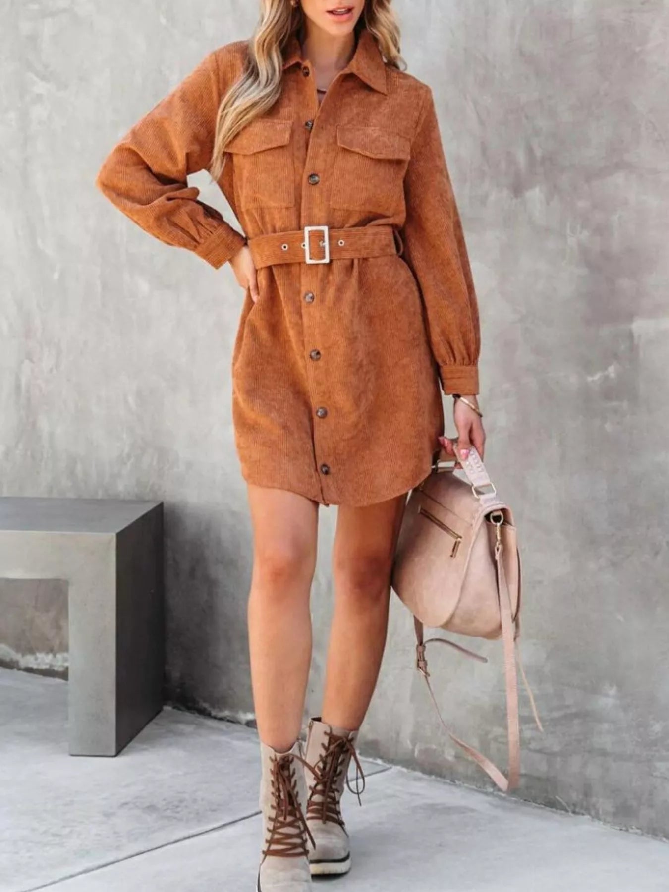 Hazel Blues® |  Button Front Belt Long Sleeve Corduroy Dress