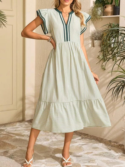 Hazel Blues® |  Striped Notched Ruffle Sleeve Dress