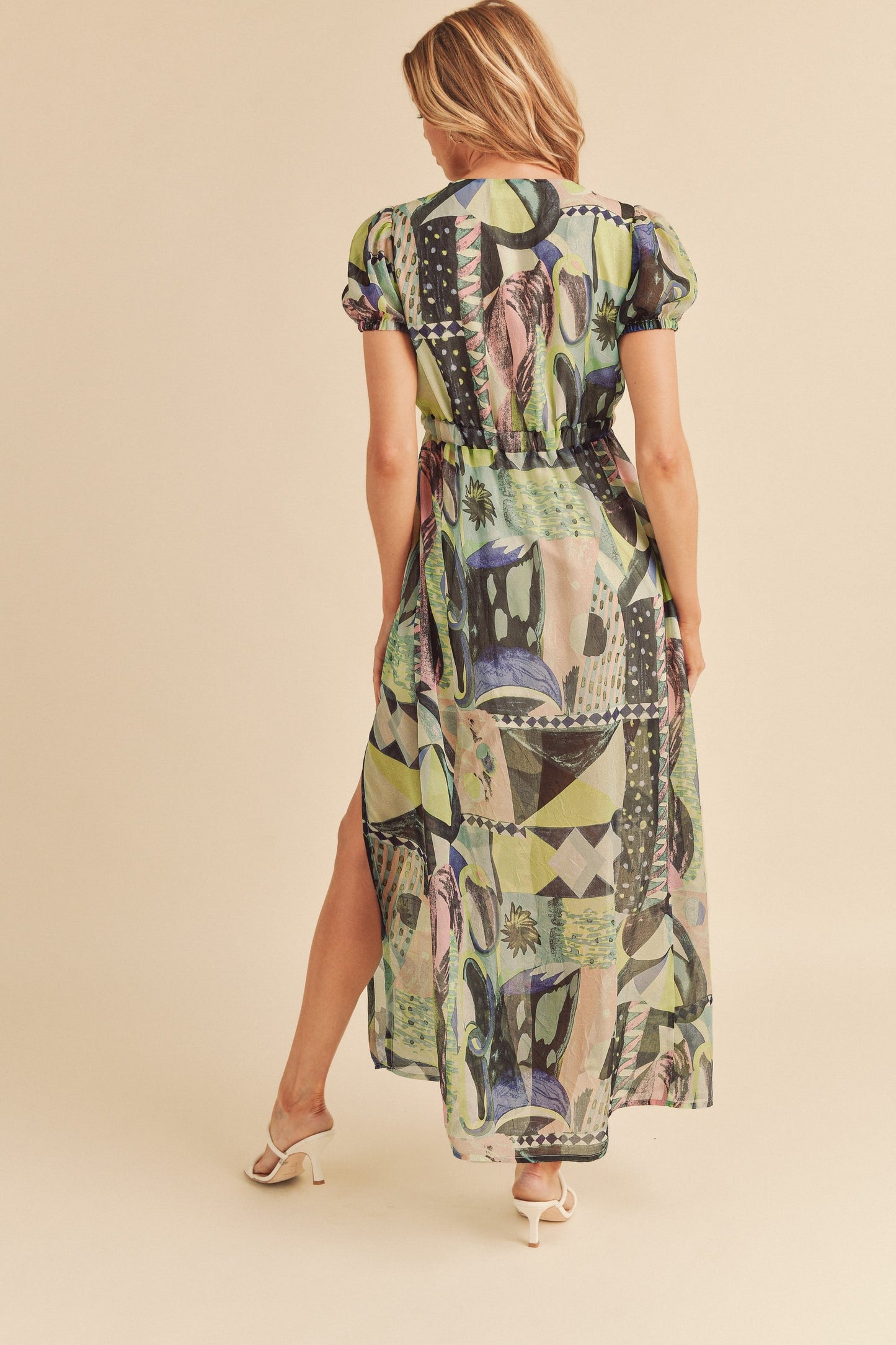 Hazel Blues® |  Aemi + Co Lace Detail Slit Geometric Print Short Sleeve Maxi Dress