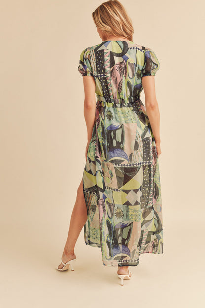 Hazel Blues® |  Aemi + Co Lace Detail Slit Geometric Print Short Sleeve Maxi Dress