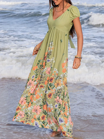 Hazel Blues® |  Backless Printed V-Neck Short Sleeve Maxi Dress
