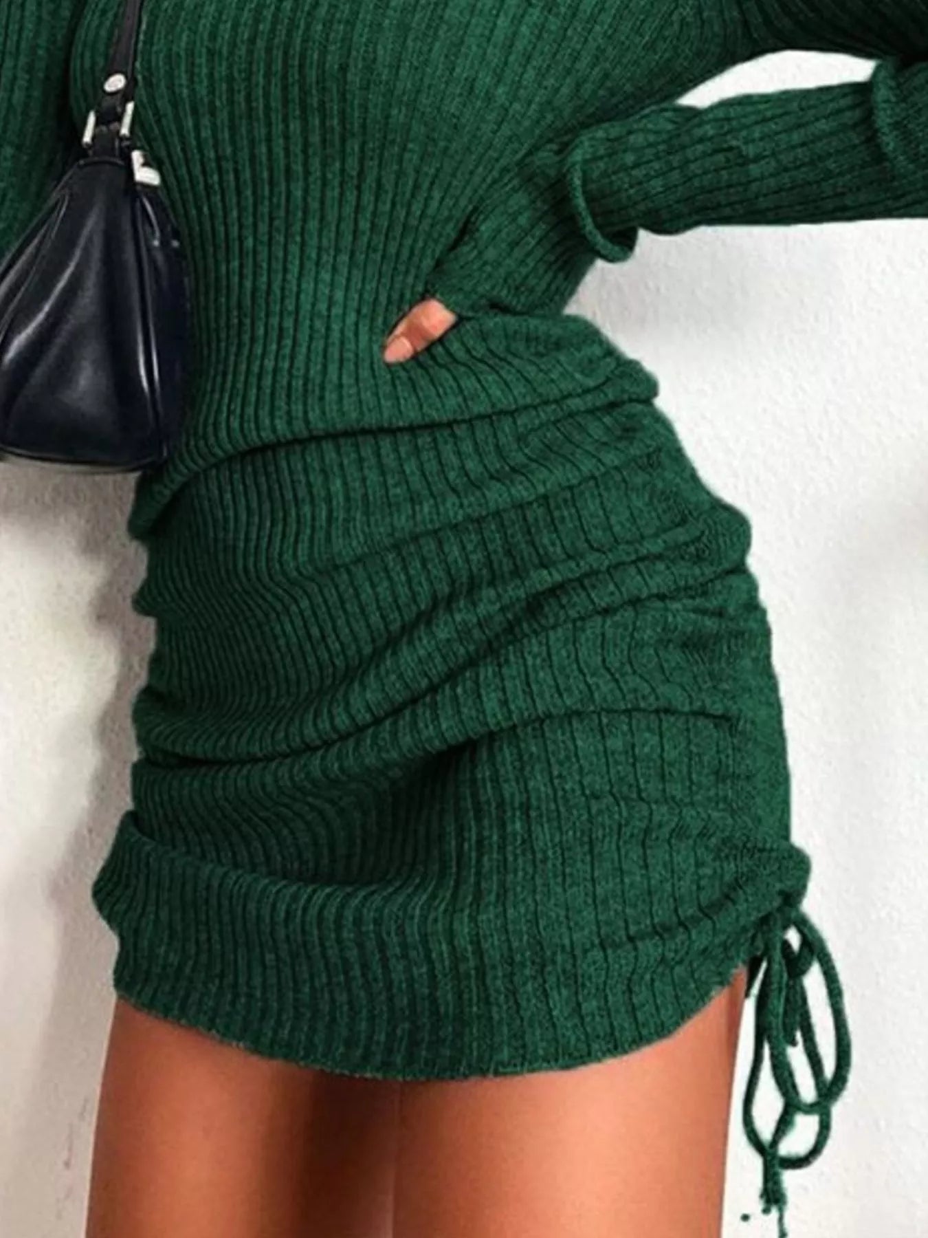 Hazel Blues® | Ribbed Knit Drawstring Bodycon Sweater Dress