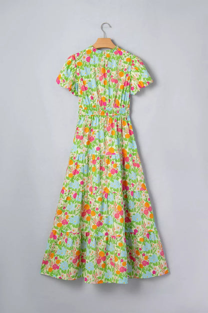 Hazel Blues® |  Floral Print V Neck Short Puff Sleeve Cotton Maxi Dress