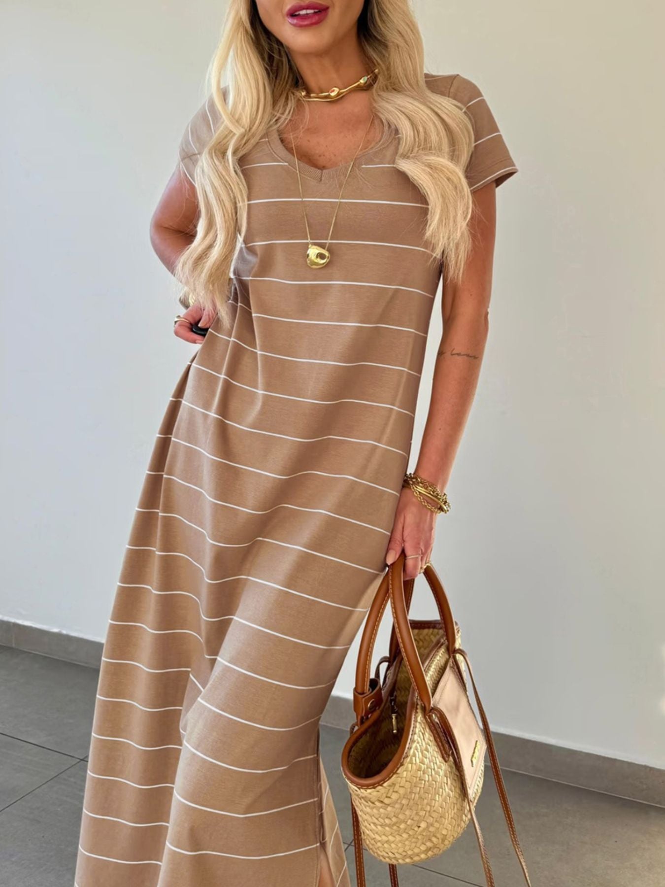 Hazel Blues® |  Stripe Short Sleeve Side Slit Maxi T Shirt Dress