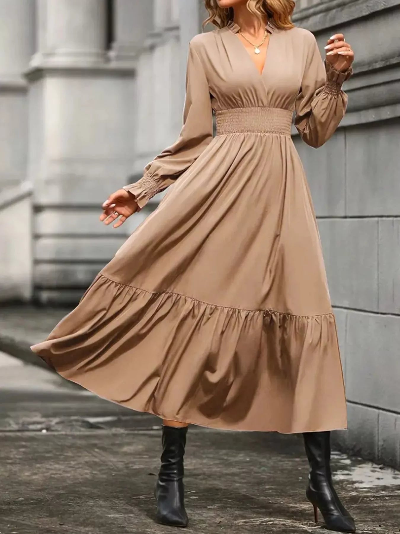 Hazel Blues® |  Surplice Long Sleeve Tiered Midi Dress