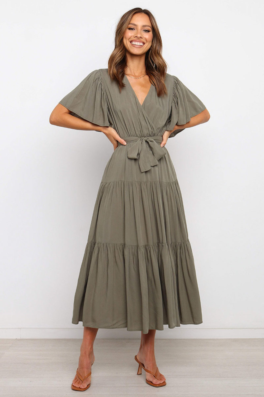 Hazel Blues® |  Tied Tiered Short Sleeve Midi Dress