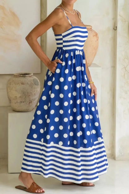 Hazel Blues® |  Striped Polka Dot Patchwork High Waist Spaghetti Straps Maxi Dress