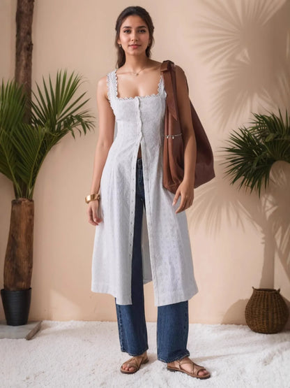 Hazel Blues® |  Lace Trim Button Front Square Neck Midi Dress