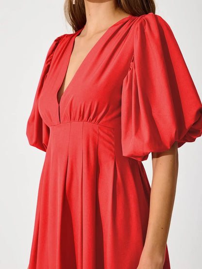 Hazel Blues® |  V-Neck Puff Sleeve Midi Dress