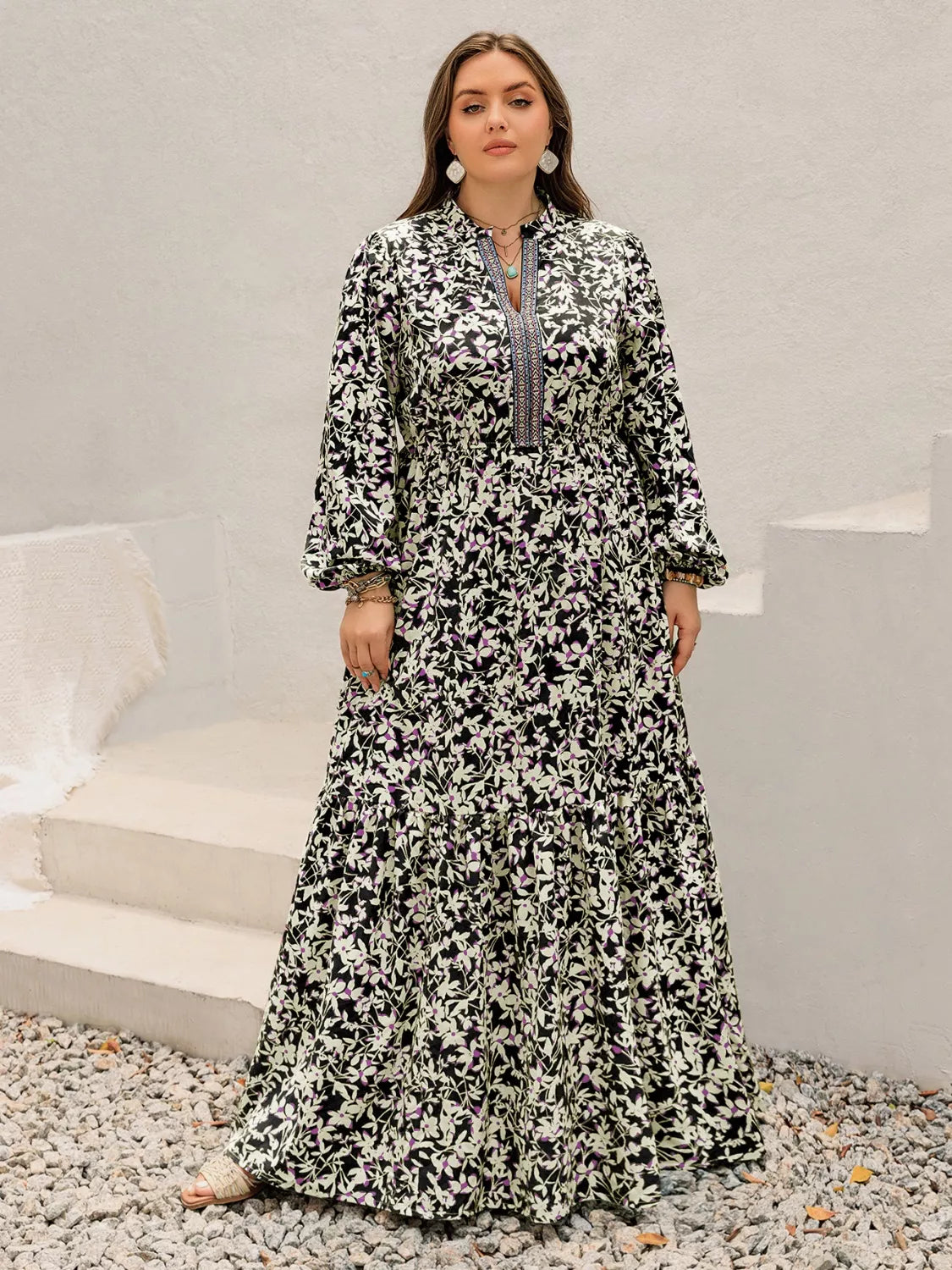 Hazel Blues® | Floral Print Long Sleeve Tiered Maxi Dress
