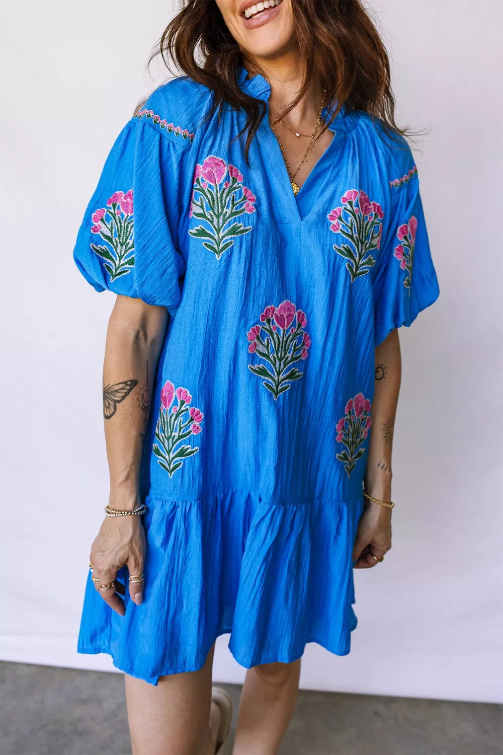 Hazel Blues® |  Flower Embroidered Split Neck Short Puff Sleeve Ruffle Hem Dress