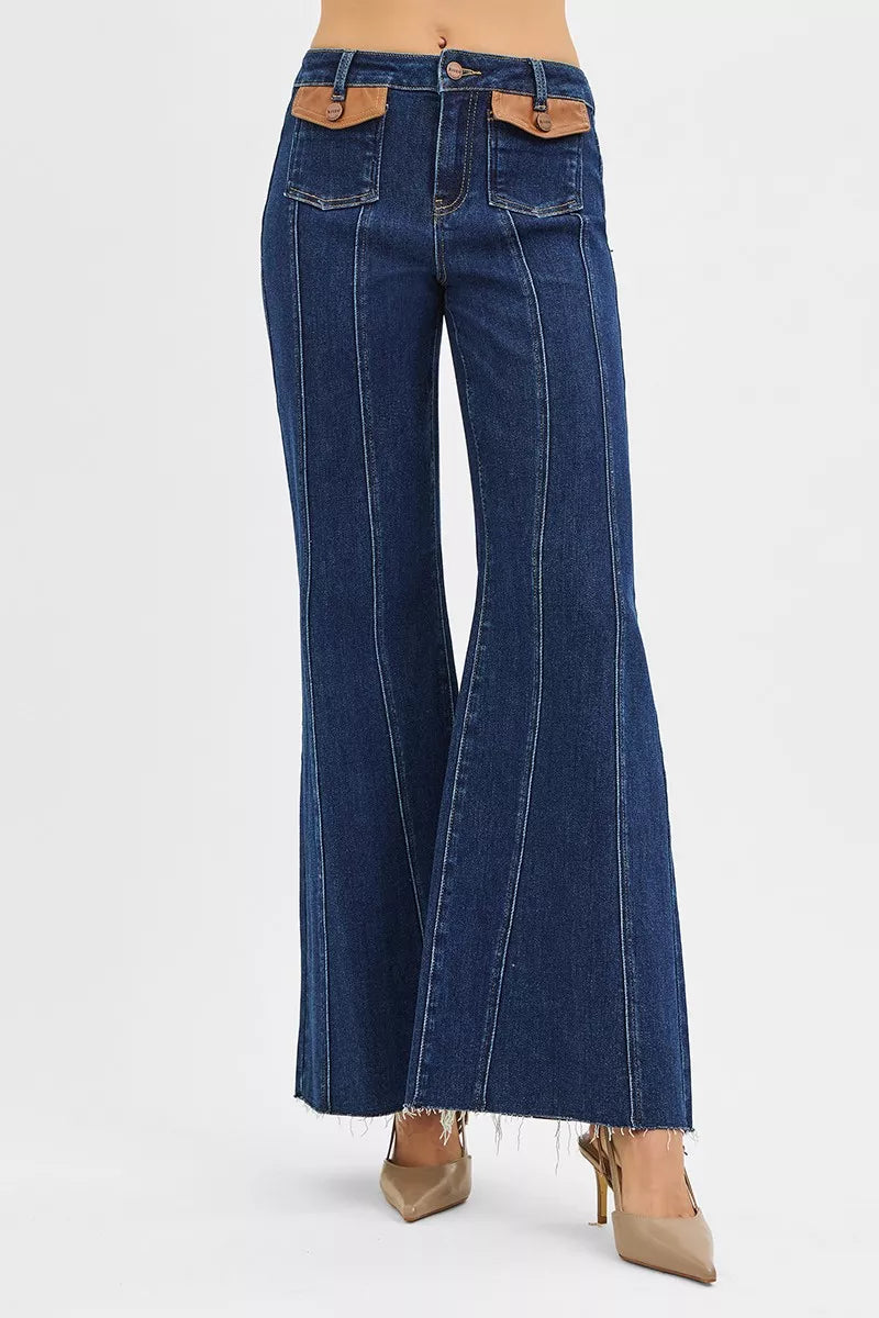 Hazel Blues® |  RISEN High Rise Wide Flare Jeans with Front Leather Pocket Detail