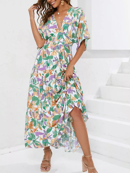 Hazel Blues® |  Printed V-Neck Ruffle Hem Flowy Midi Dress