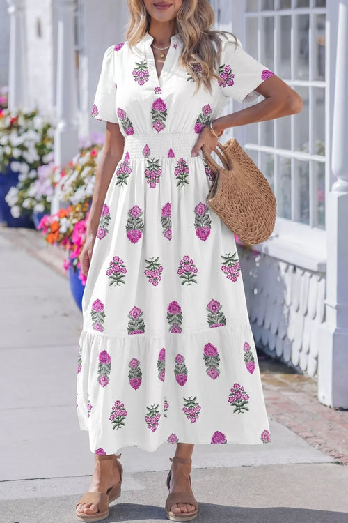 Hazel Blues® |  Floral Print Split Neck Shirred High Waist Ruffle Hem Midi Dress