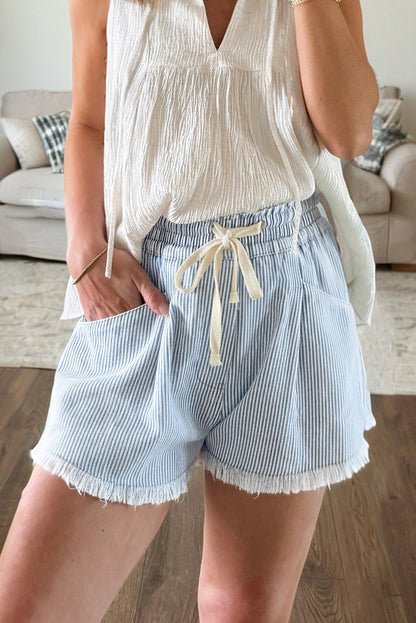 Hazel Blues® |  Black Stripe Raw Edge Drawstring Elastic Waist Casual Denim Shorts