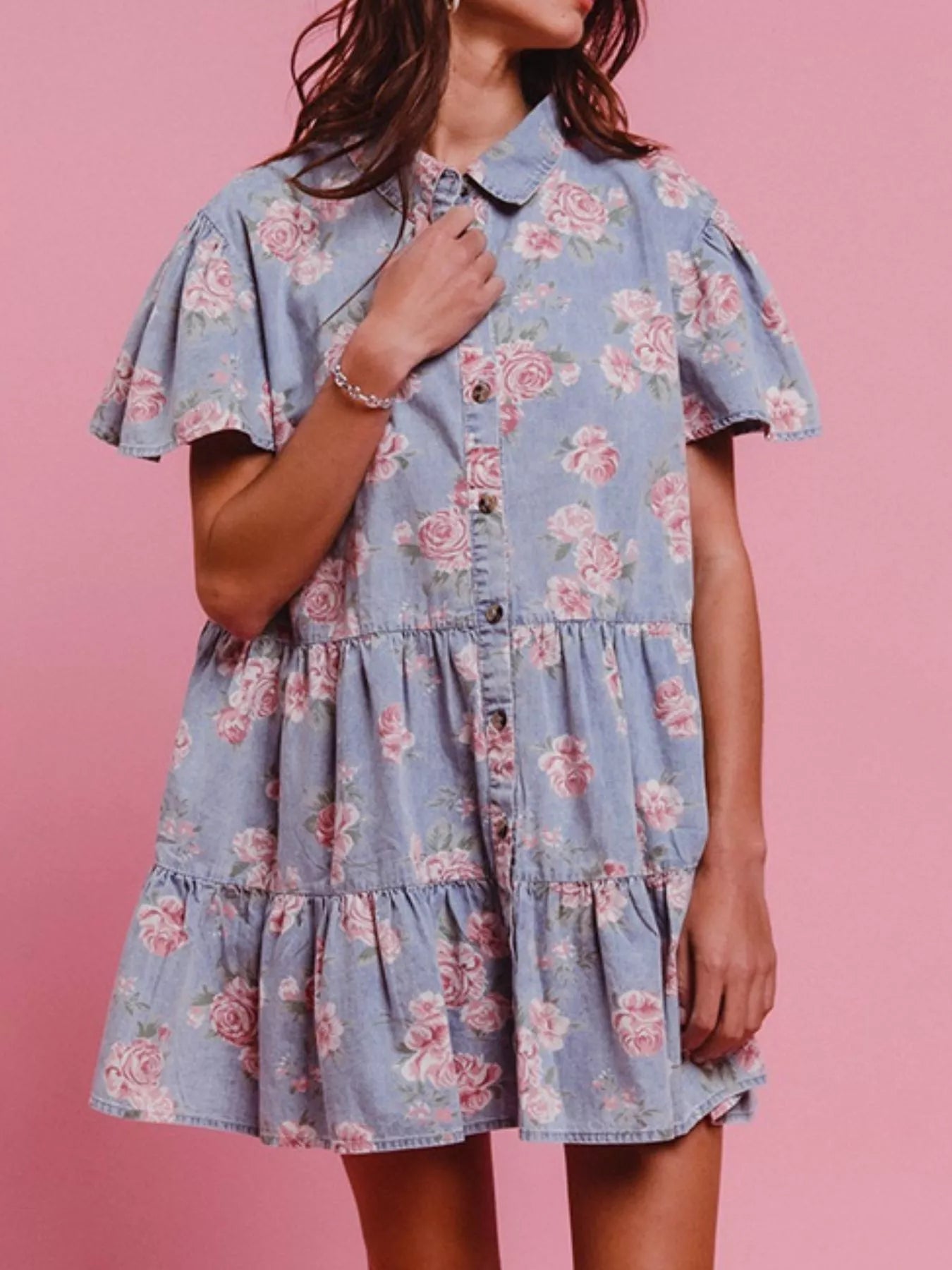 Hazel Blues® |  Floral Print Denim Button-Down Tiered Mini Dress