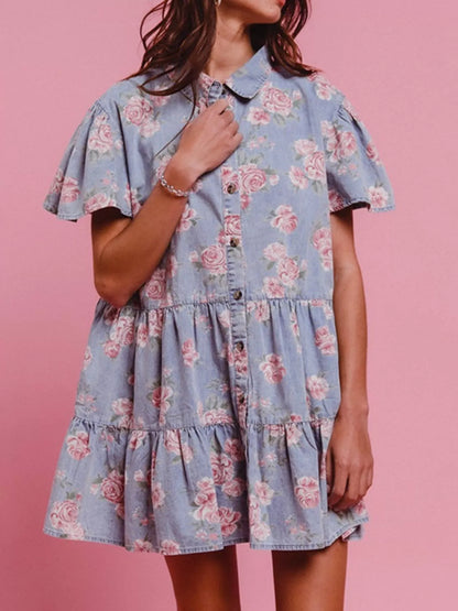 Hazel Blues® |  Floral Print Denim Button-Down Tiered Mini Dress