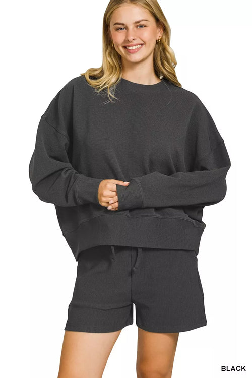 Hazel Blues® |  Zenana Ribbed Round Neck Pullover and Shorts Set