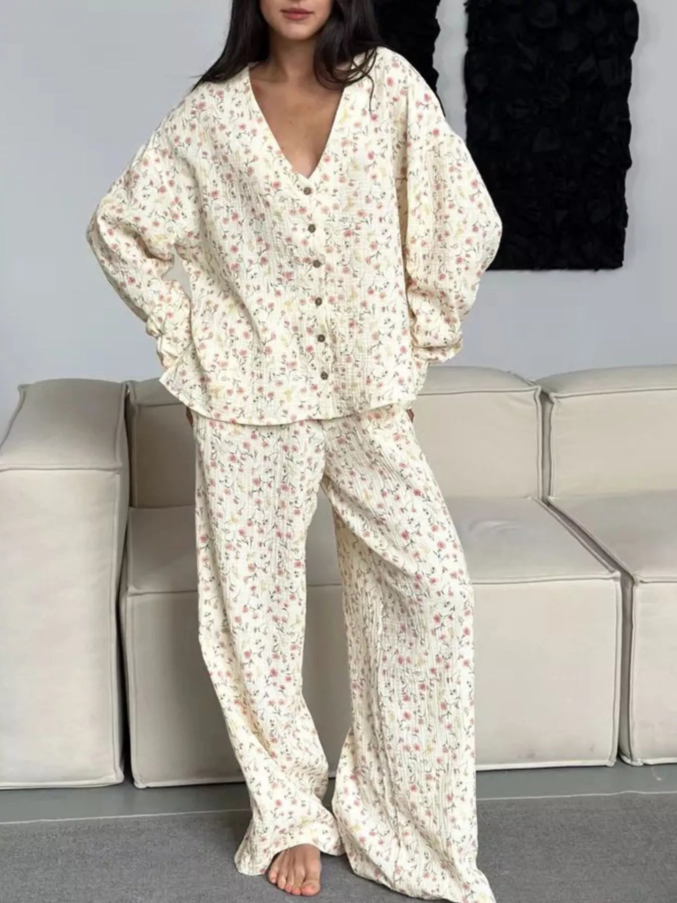 Hazel Blues® |  Floral Print Button-Down Top and Pants Lounge Set