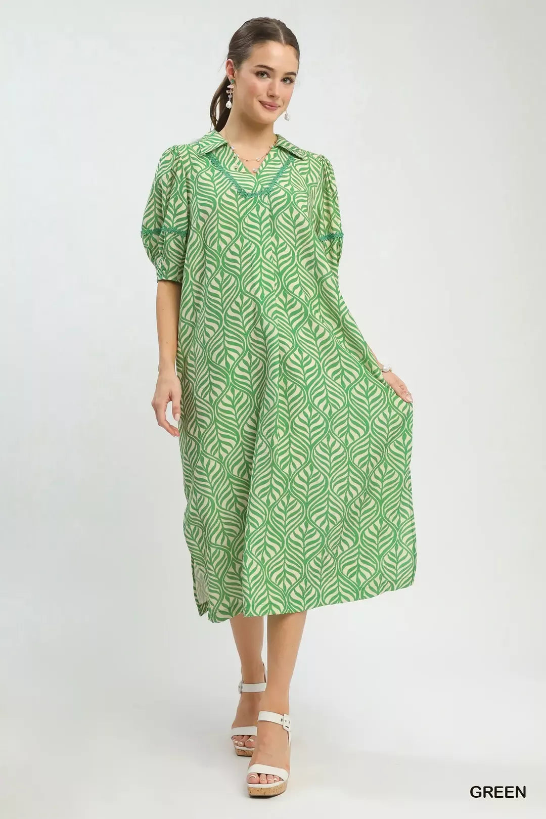 Hazel Blues® |  Umgee Printed Puff Sleeve Midi Dress with Pockets
