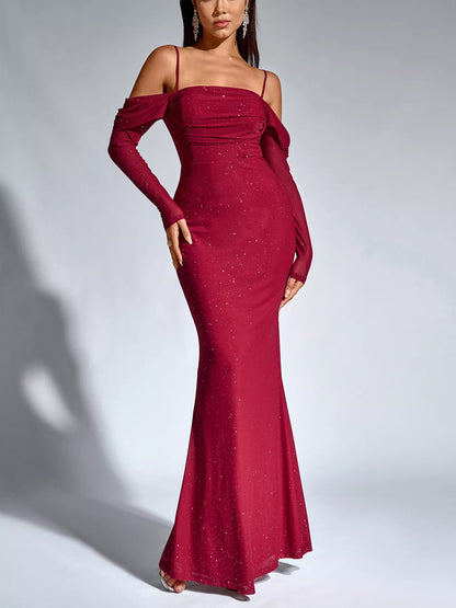 Hazel Blues® |  Glitter Ruched Long Sleeve Mermaid Maxi Dress