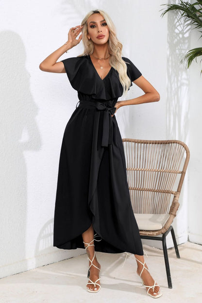 Hazel Blues® |  Tied Front Ruffled Short Sleeve Midi Dress