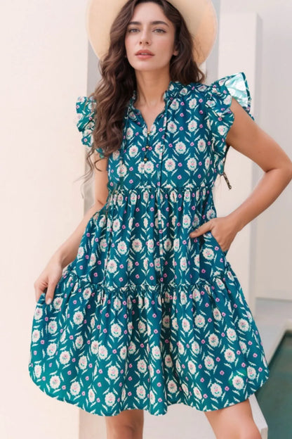Hazel Blues® |  Printed Tie Neck Ruffled Cap Sleeve Dress