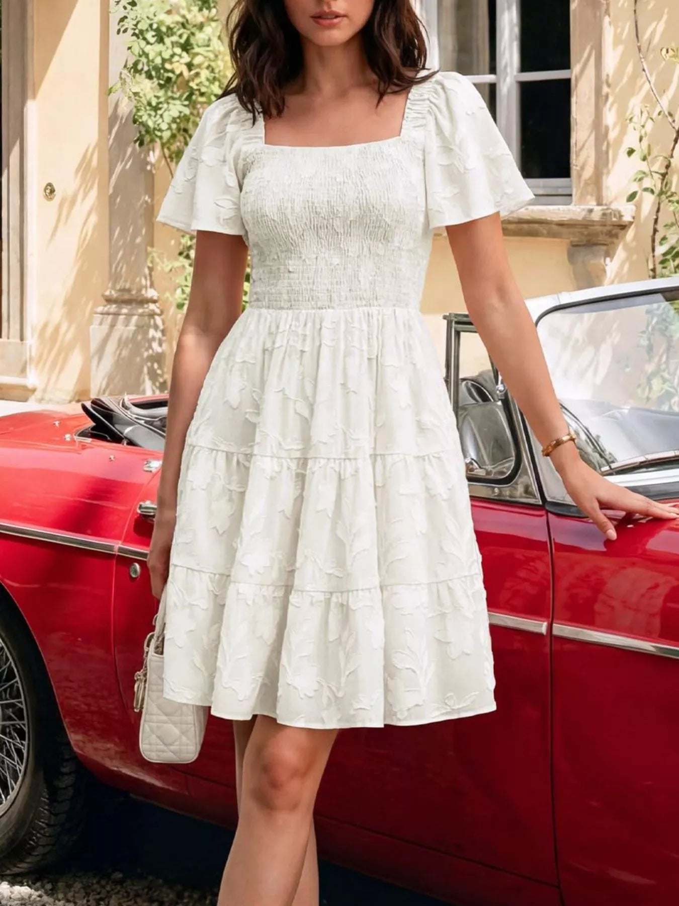 Hazel Blues® |  Smocked Square Neck Tiered Mini Dress