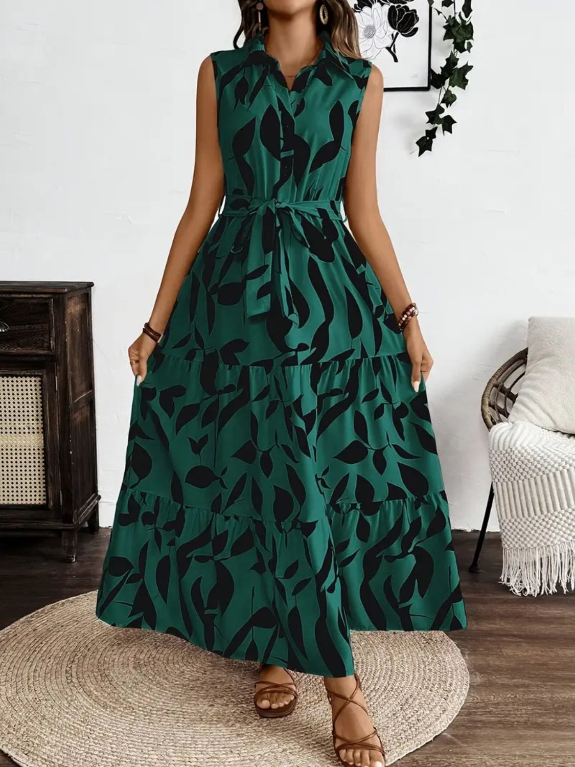 Hazel Blues® |  Printed Tie Waist Sleeveless Maxi Dress