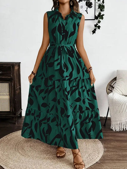 Hazel Blues® |  Printed Tie Waist Sleeveless Maxi Dress