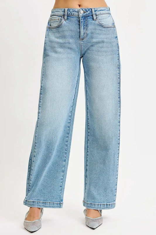 Hazel Blues® |  RISEN Mid Rise Wide Barrel Transferable Leg Snap Jeans