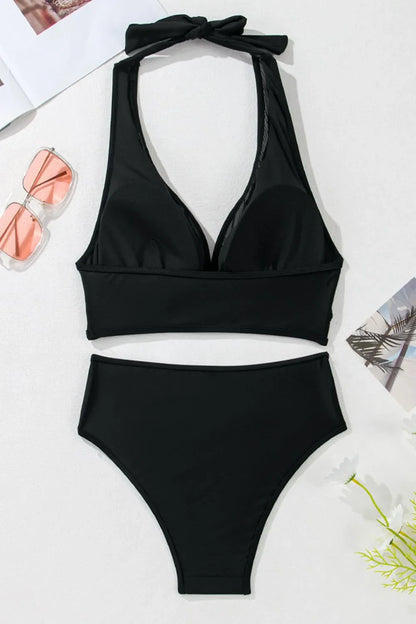 Hazel Blues® | Sheer Mesh Edged Halter V Neck Push Up Bikini Set