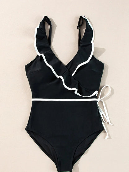 Hazel Blues® | Ruffle Trim V-Neck One-Piece Swimsuit