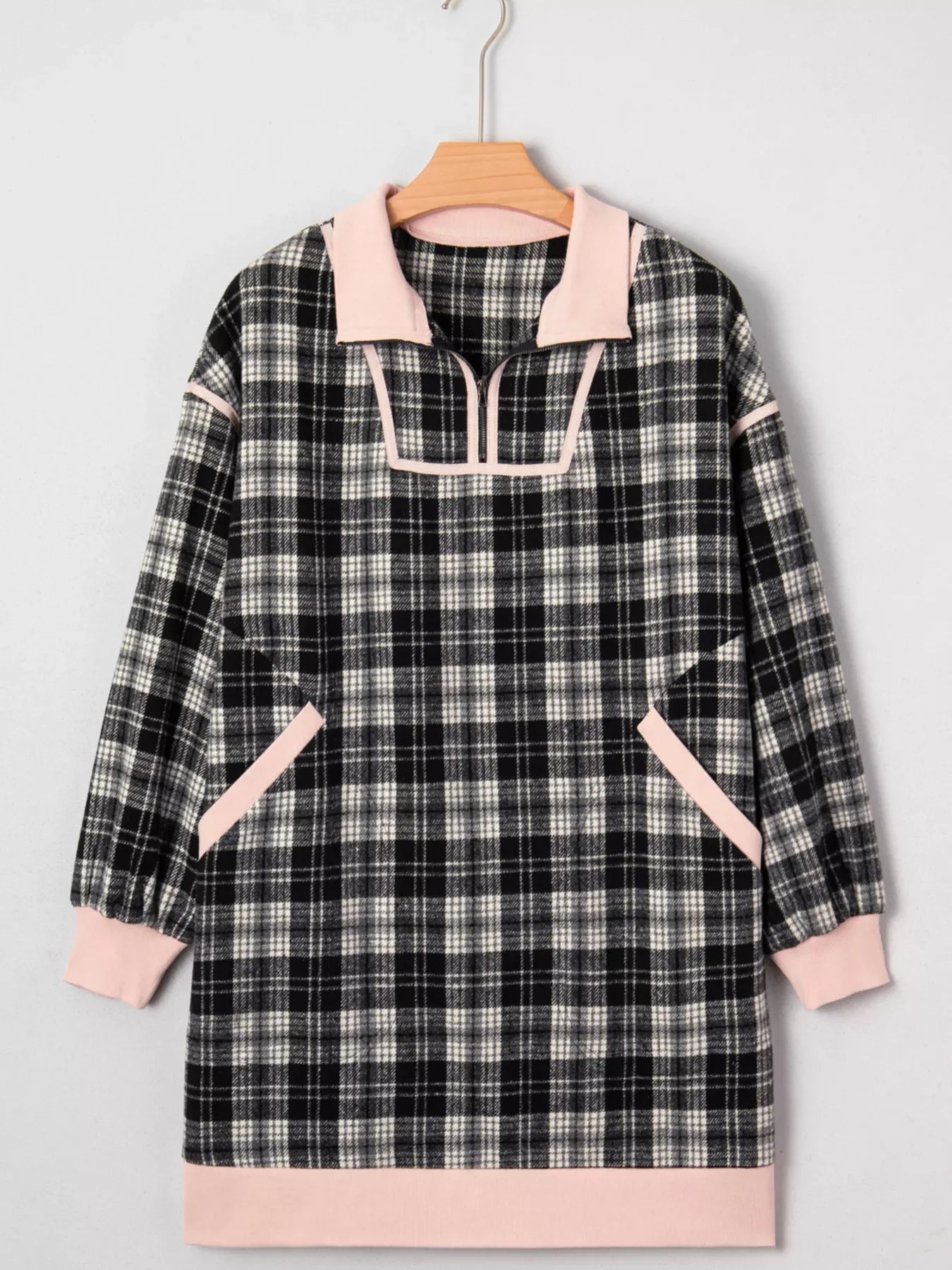 Hazel Blues® |  Plaid Polo Collar Zip up Contrast Trim Shift Long Sleeve Mini Dress