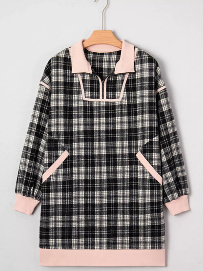 Hazel Blues® |  Plaid Polo Collar Zip up Contrast Trim Shift Long Sleeve Mini Dress